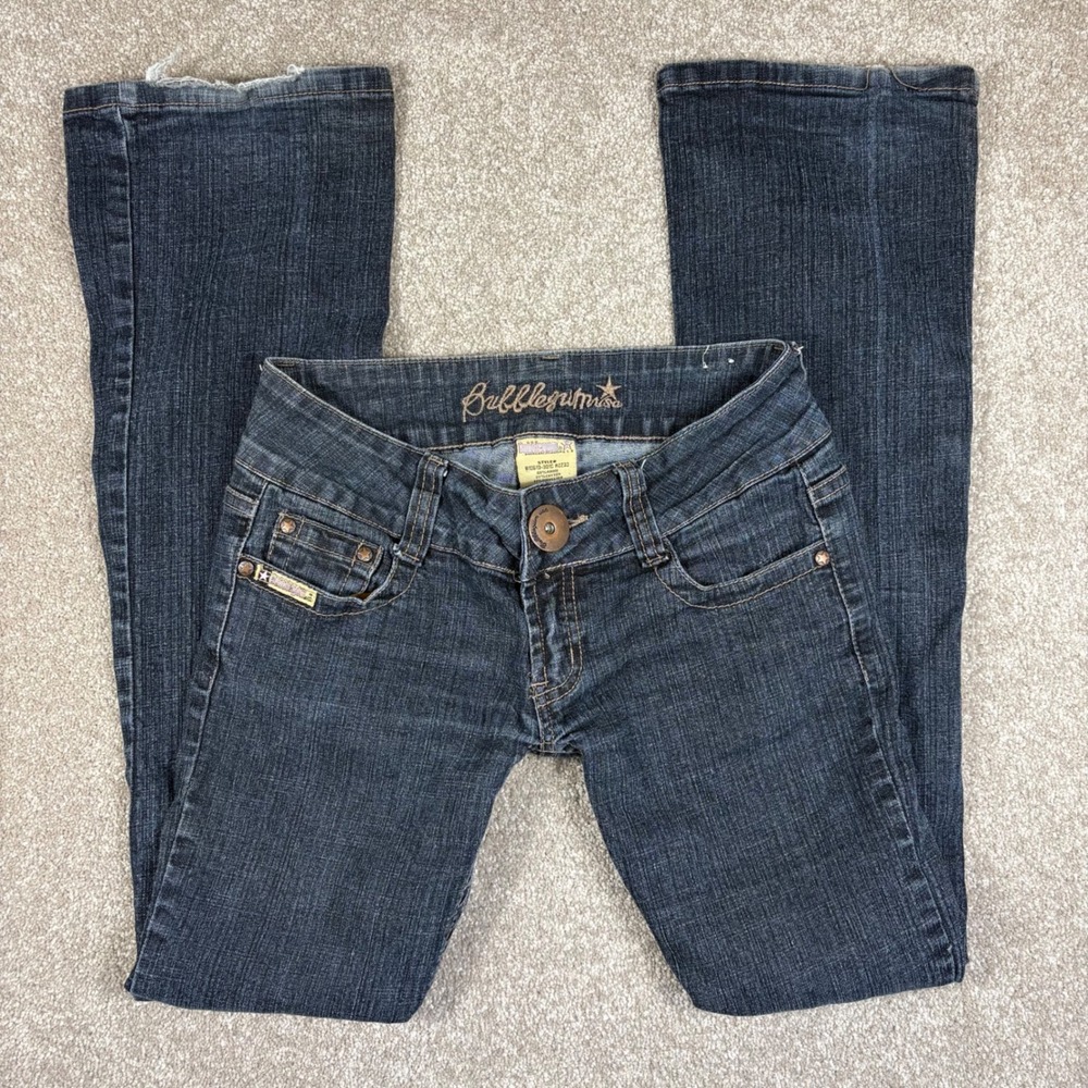 Bubblegum USA Dark Wash Flare Jeans Low Rise Y2K Embroidered Size 7/8